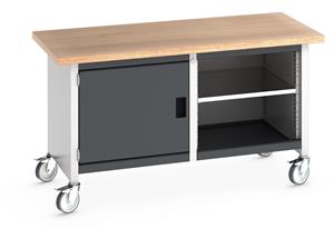 Bott Cubio Mobile Storage Workbench 1500mm wide x 750mm Deep x 840mm high supplied with a Multiplex (layered beech ply) worktop, 1 x integral storage cupboard (650mm wide x 650mm deep x 500mm high) and 1 x open section with full depth mid shelf.... 1500mm Wide Mobile Moveable Industrial Storage Benches with Cupboards and Drawers
